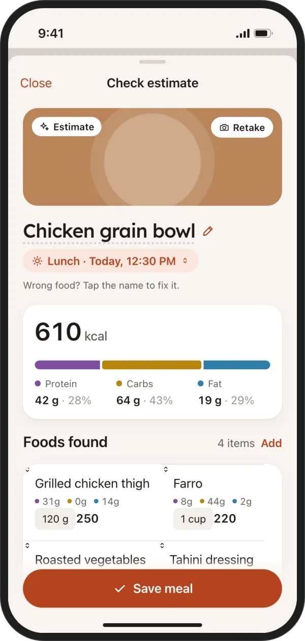 Mealglance check screen with individual foods and portions to review before saving a meal estimate